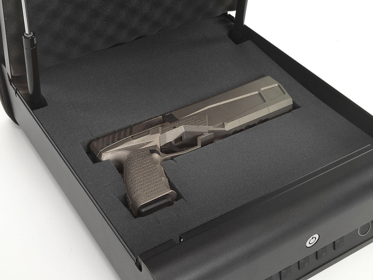 Handgun in a black gun case on a white background