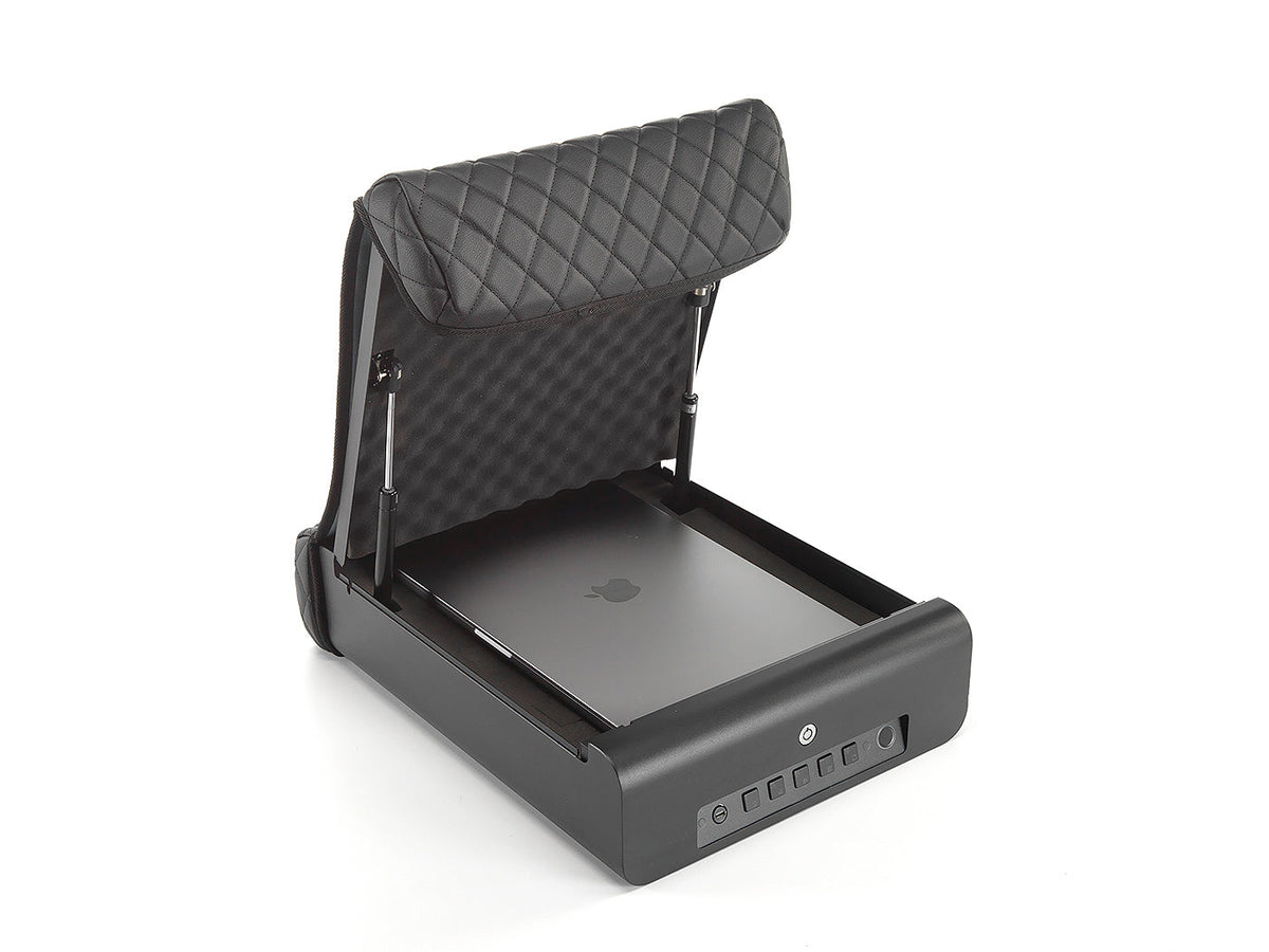 Black electronic device with quilted design on a white background