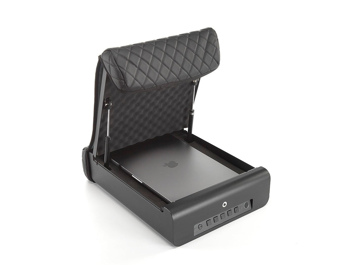 BoostedSafe Elite Vehicle Gun Safe open on white background with a laptop stored inside, showing versatile storage capacity, booster seat cover folded back and front panel visible