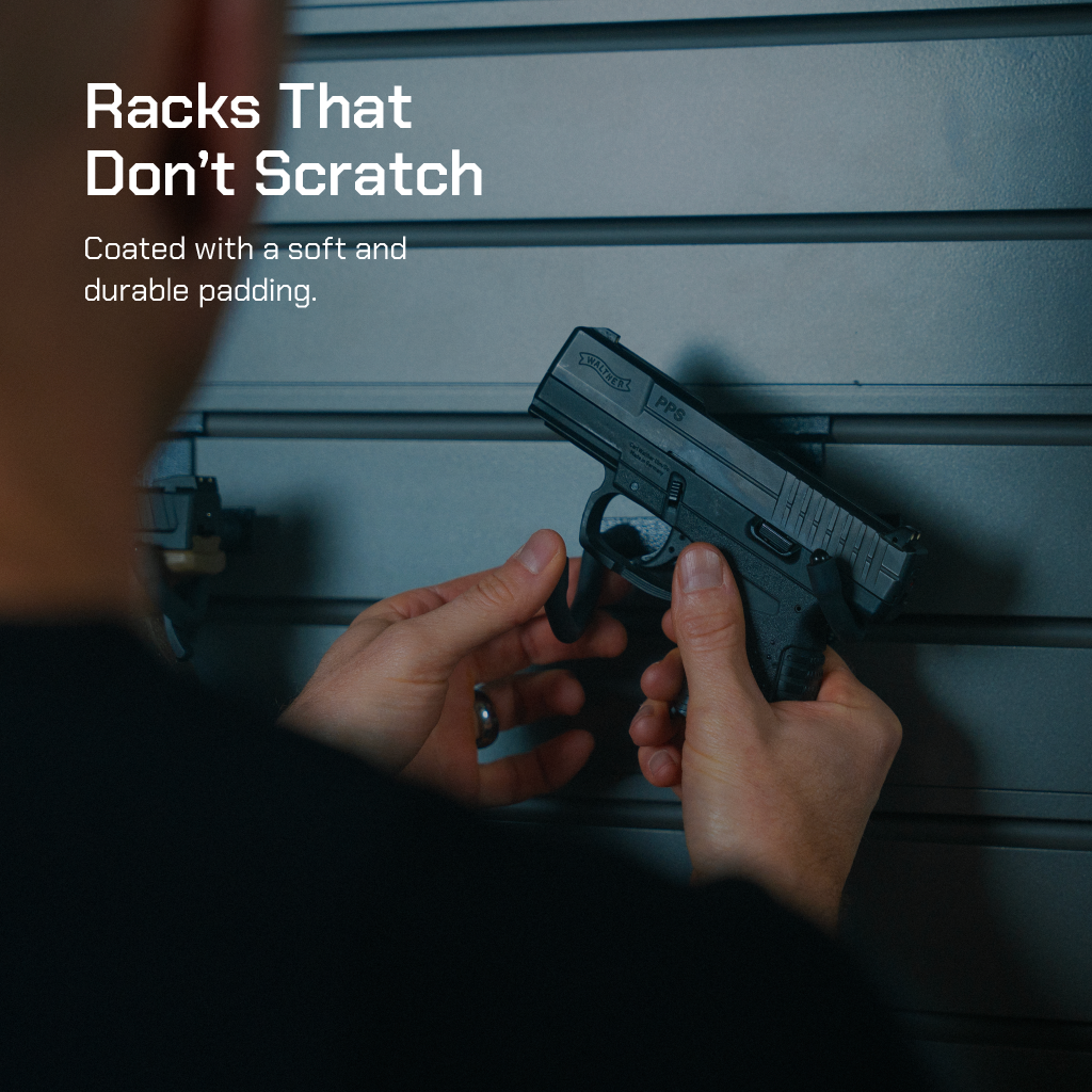 Person holding a gun against a dark background with text about gun racks.