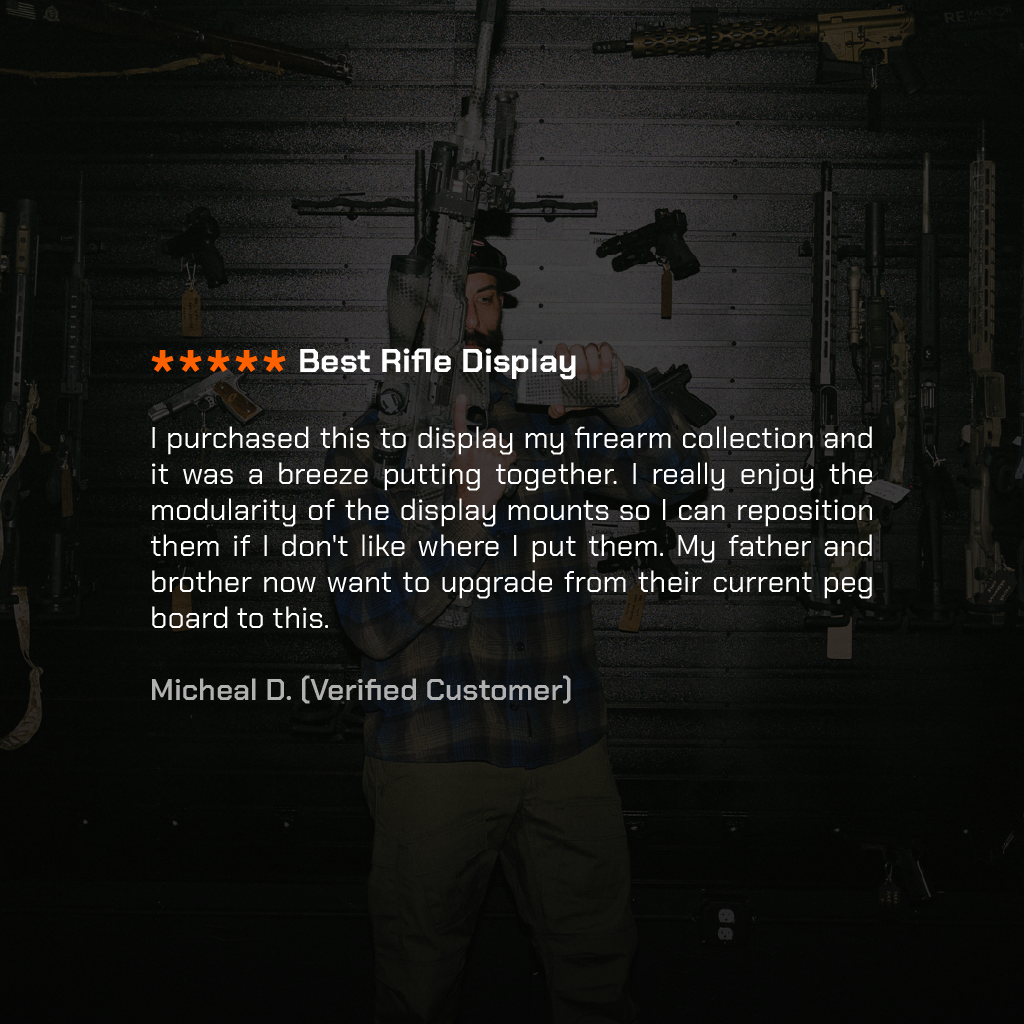Rifle display with customer review text overlay