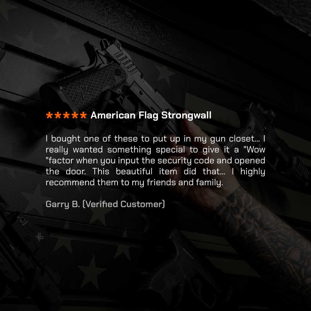 Product with American flag design and customer review text overlay