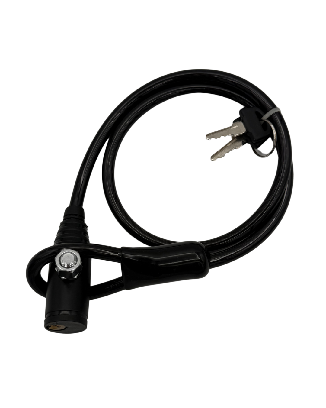 Titan Cable Lock in black with 24-inch coated steel cable coiled into a loop, black cylindrical lock body with side keyhole at the base, and two silver keys hanging from the far end of the cable
