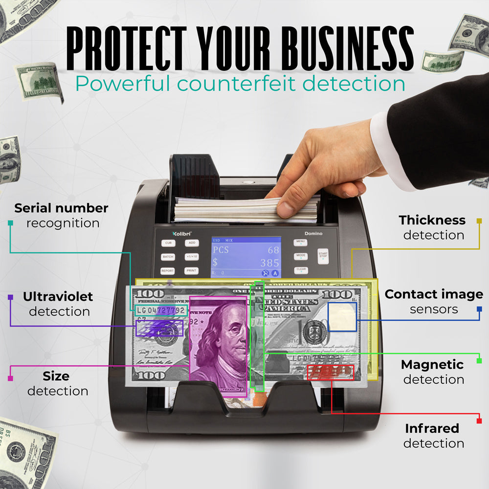 Kolibri Domino Mixed Bill Counter, Sorter and Reader Powerful Counterfeit Detection