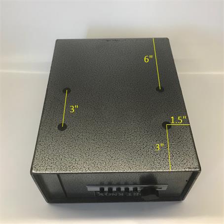 Bottom view of the Fort Knox PB4 Personal Pistol Safe showing the four pre-drilled bolt-down mounting holes with dimensioned spacing callouts of 6 inches, 3 inches, and 1.5 inches for anchoring the safe to a nightstand, desk, closet shelf, drawer, or vehicle floor