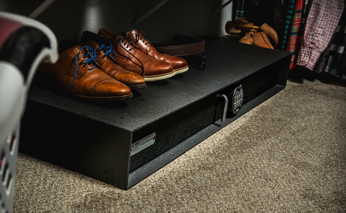 Steelhead Undercover 48E Under Bed Biometric Safe in Closet with Shoes on Top