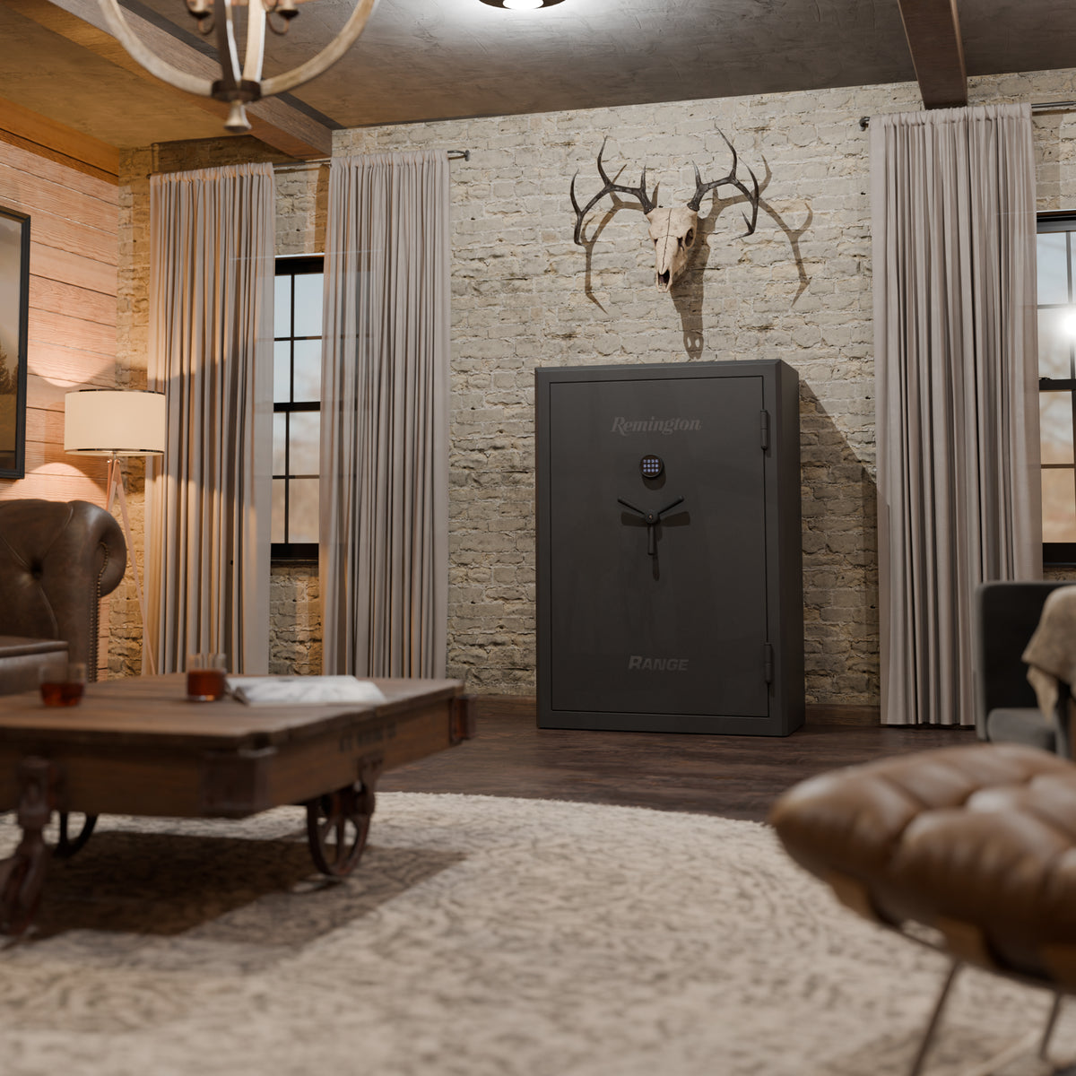 Black Remington safe in a room with stone walls, curtains, and a deer skull mount.