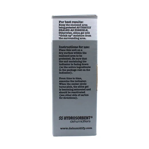 Hydroosorbent dehumidifier packaging with instructions on a white background