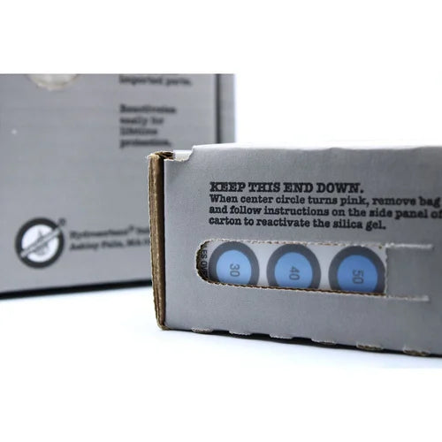 Hydrosorbent silica gel dehumidifier packaging on a white background