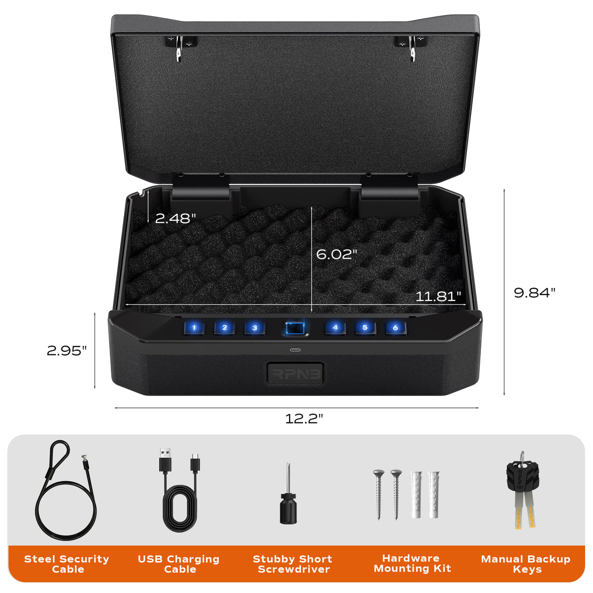 Black security device with measurements and included items listed on a white background