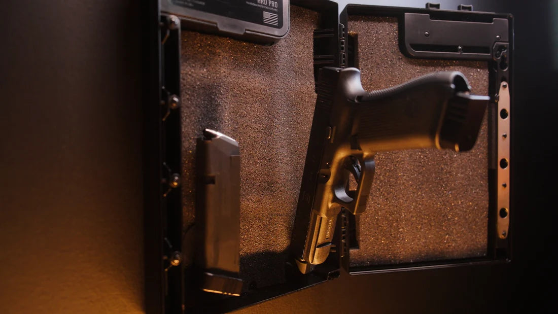 Handgun and magazine in a StopBox Pro Ward