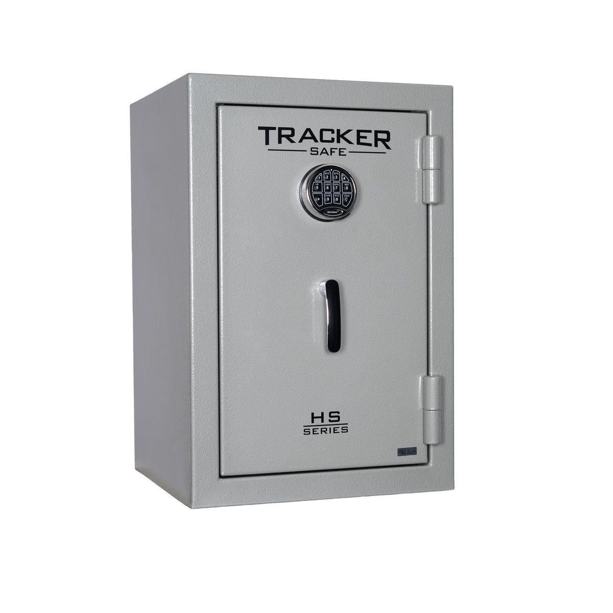 Tracker Safe HS30 home security safe closed, gray textured powder coat finish with chrome handle and hinges