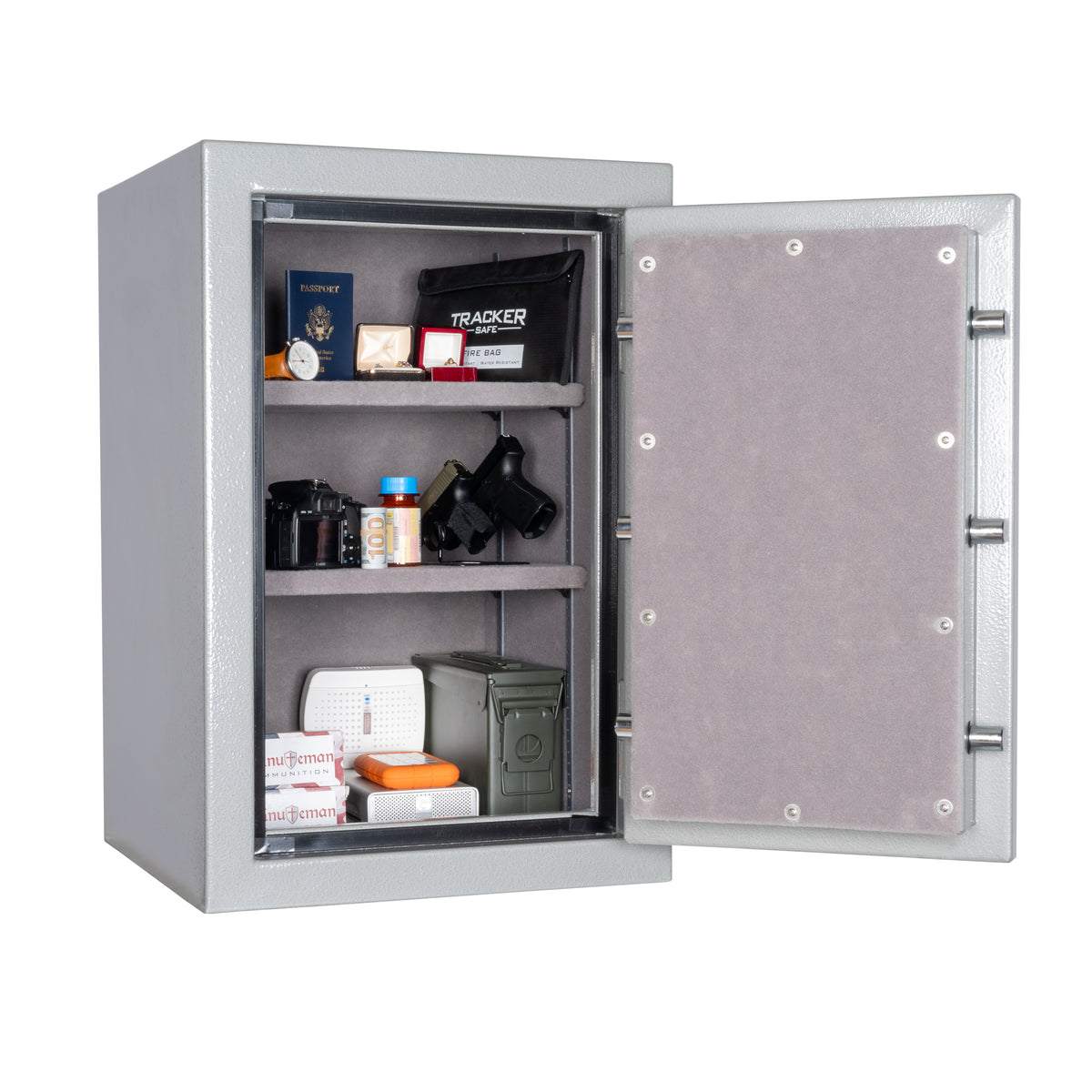 Tracker Safe HS30 interior with mixed storage of handguns and valuables on adjustable shelves