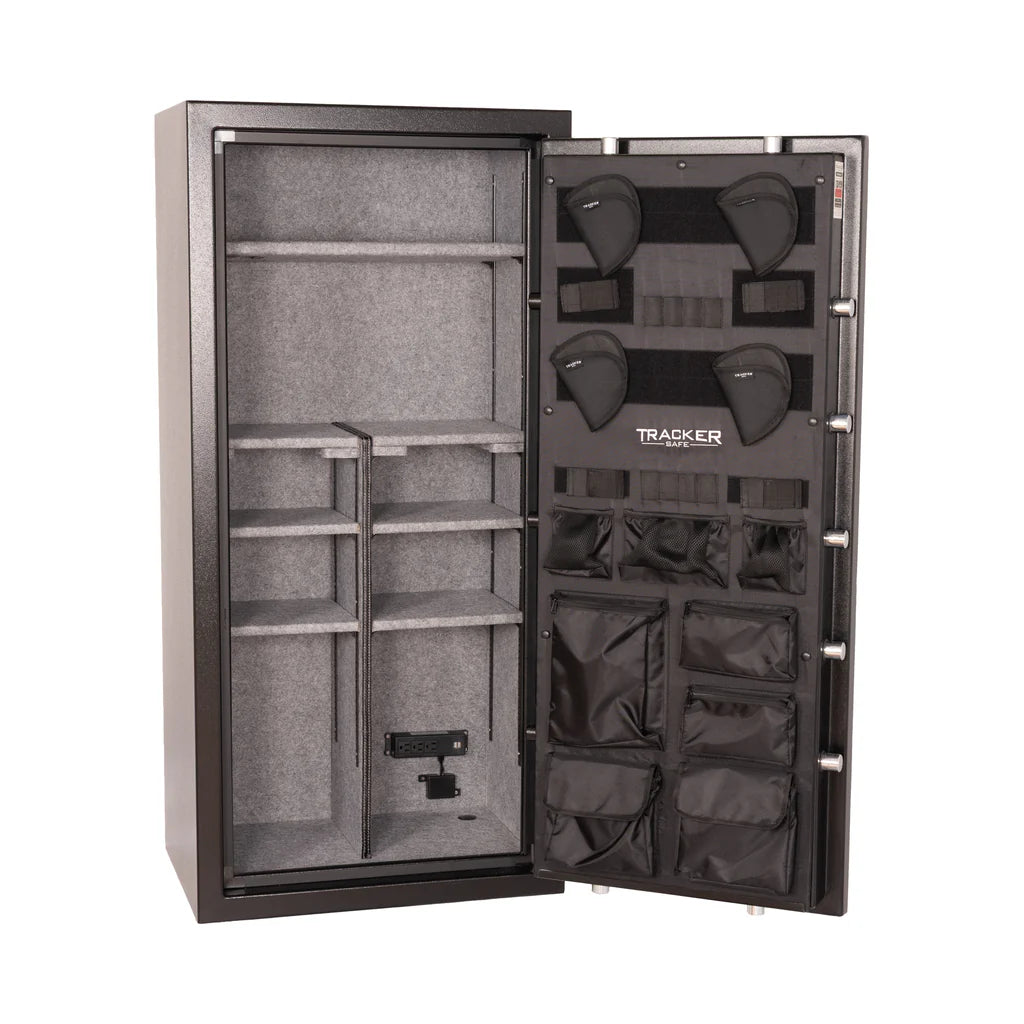 Open Tracker m20 gun safe with compartments on a white background