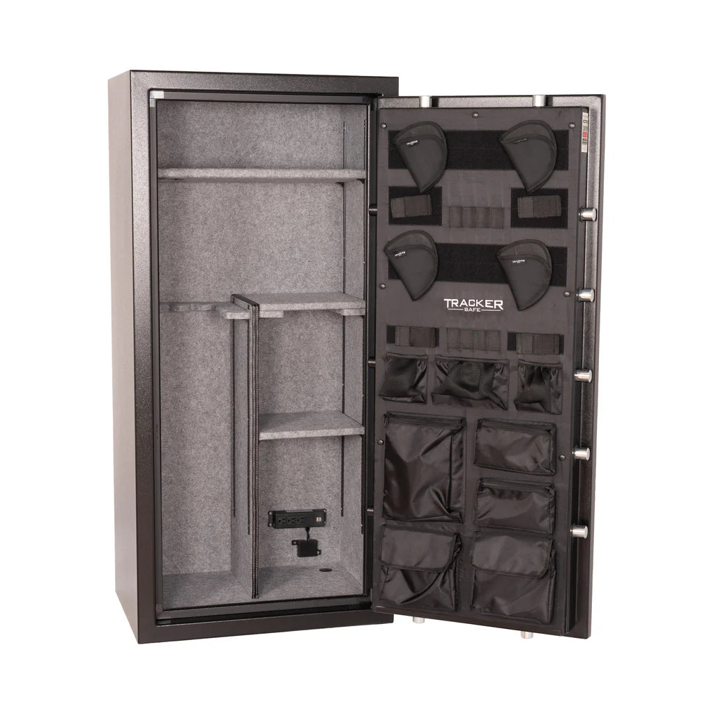 Open gun safe with compartments labeled 'Tracker' on a white background