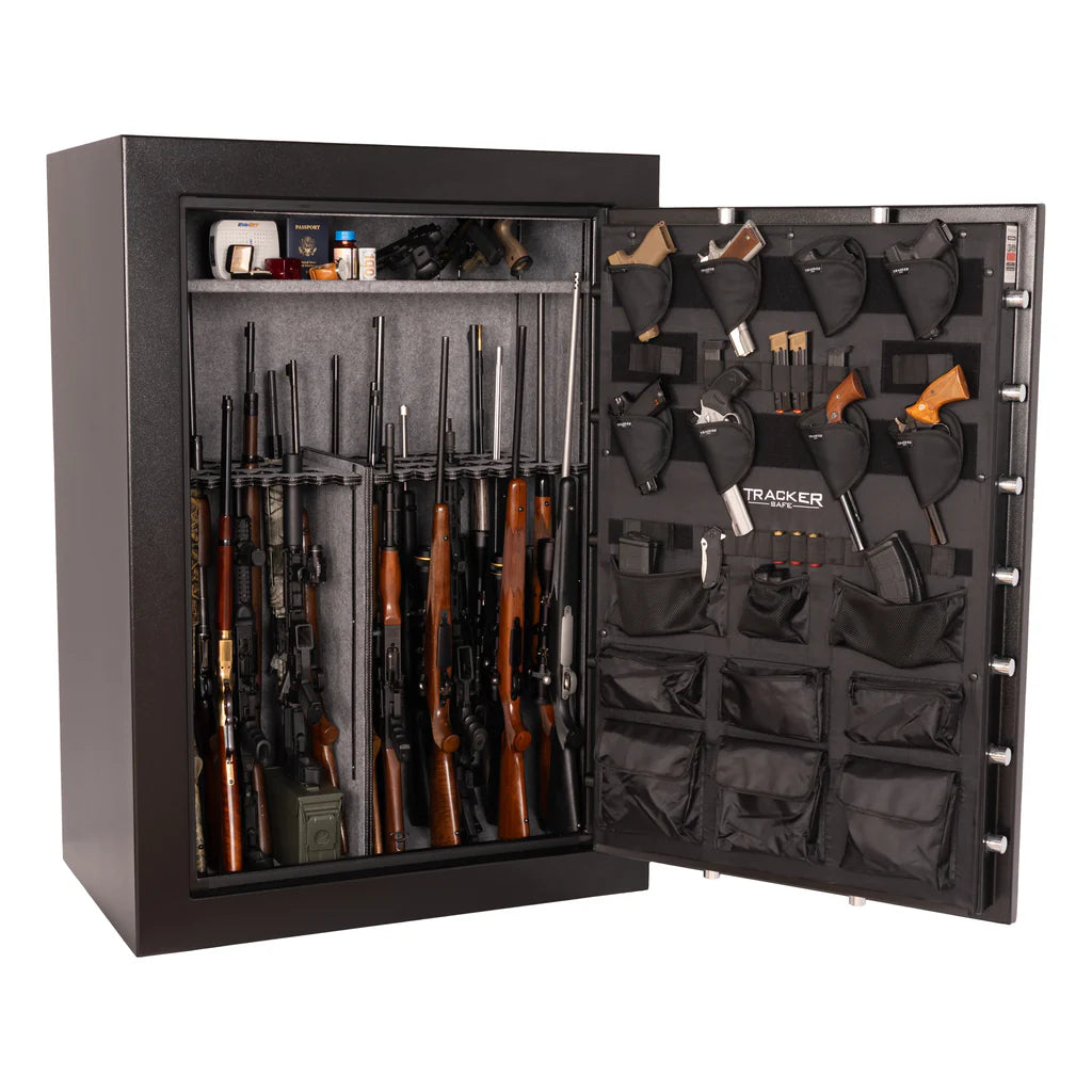 Interior view of the Tracker M64 Gun Safe fully loaded with rifles, featuring adjustable shelving and door organizer.