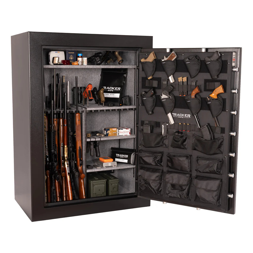 Tracker M64 Safe displayed with long guns and handguns stored using the modular door organizer and side compartments.