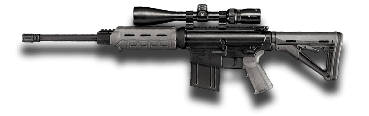 Black rifle with scope on a white background