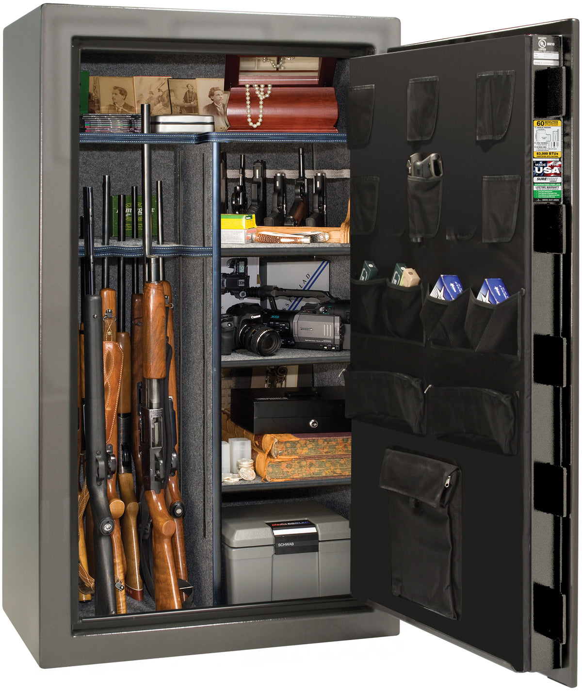 Liberty Safe We The People 44 gun safe in gray with door open showing multiple rifles in rack, ammunition, camera, pearls, jewelry, framed photos, and cash box on shelves, with Liberty-branded canvas door panel storing pistols and documents