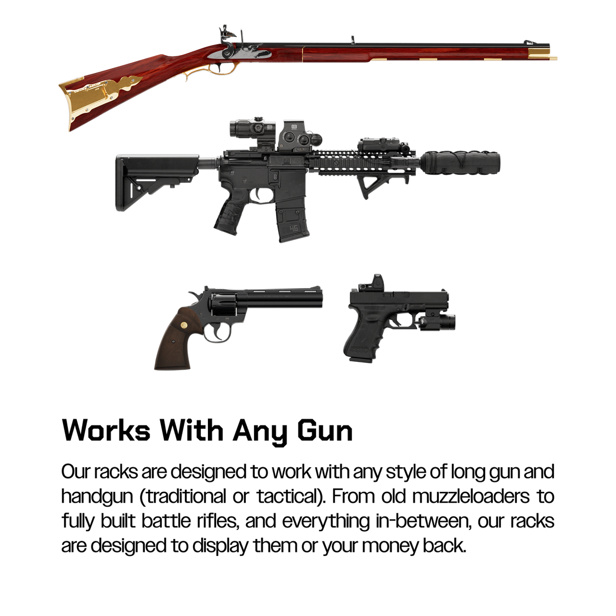 Collection of various firearms displayed against a white background with text about gun racks.