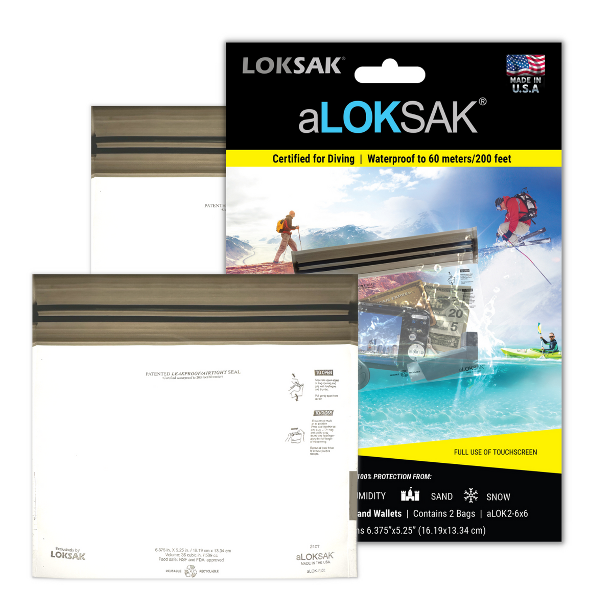 aLOKSAK Resealable Waterproof Bag Certified to 60 Meters 6" x 6" - 2 Pack
