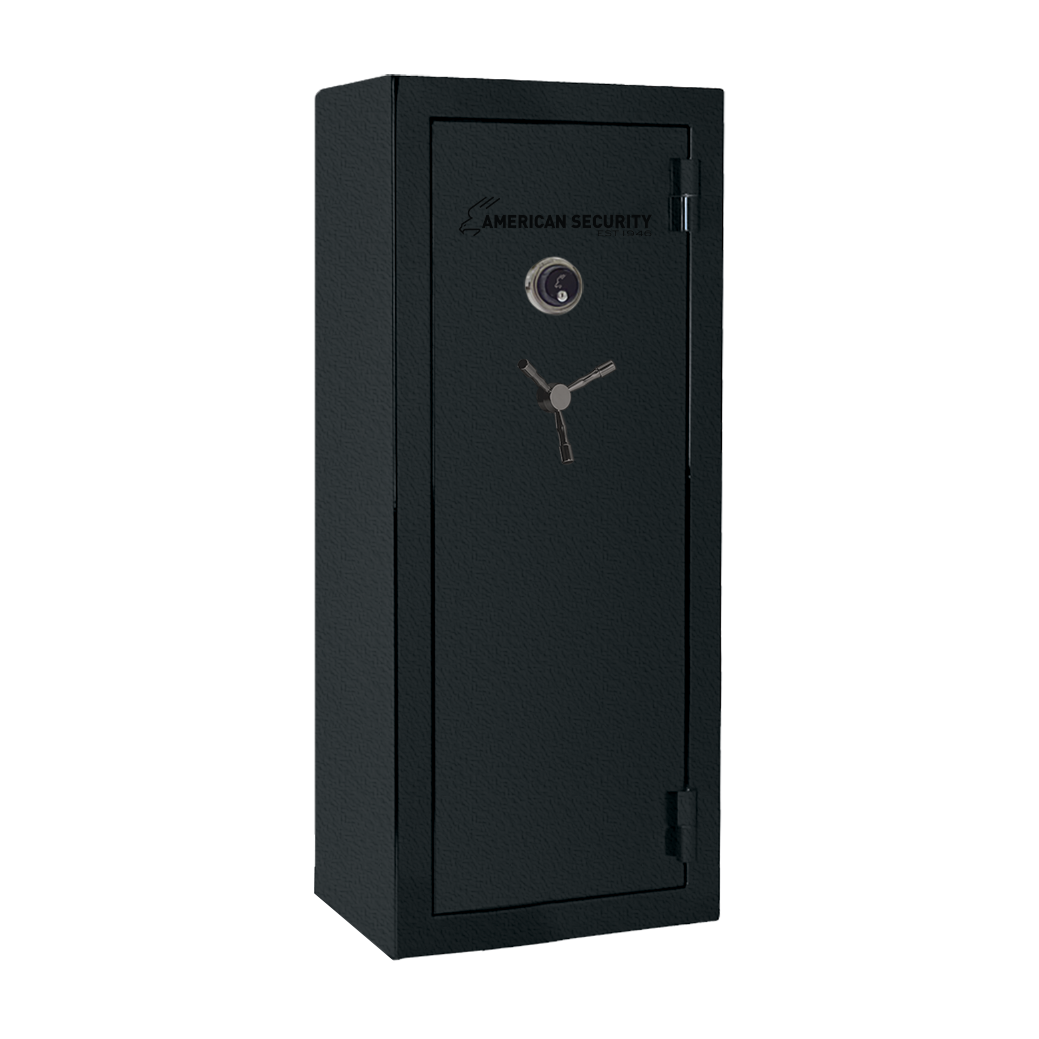 AMSEC BFX6024 gun safe in charcoal gray textured finish with black nickel 3-spoke handle and mechanical dial lock.