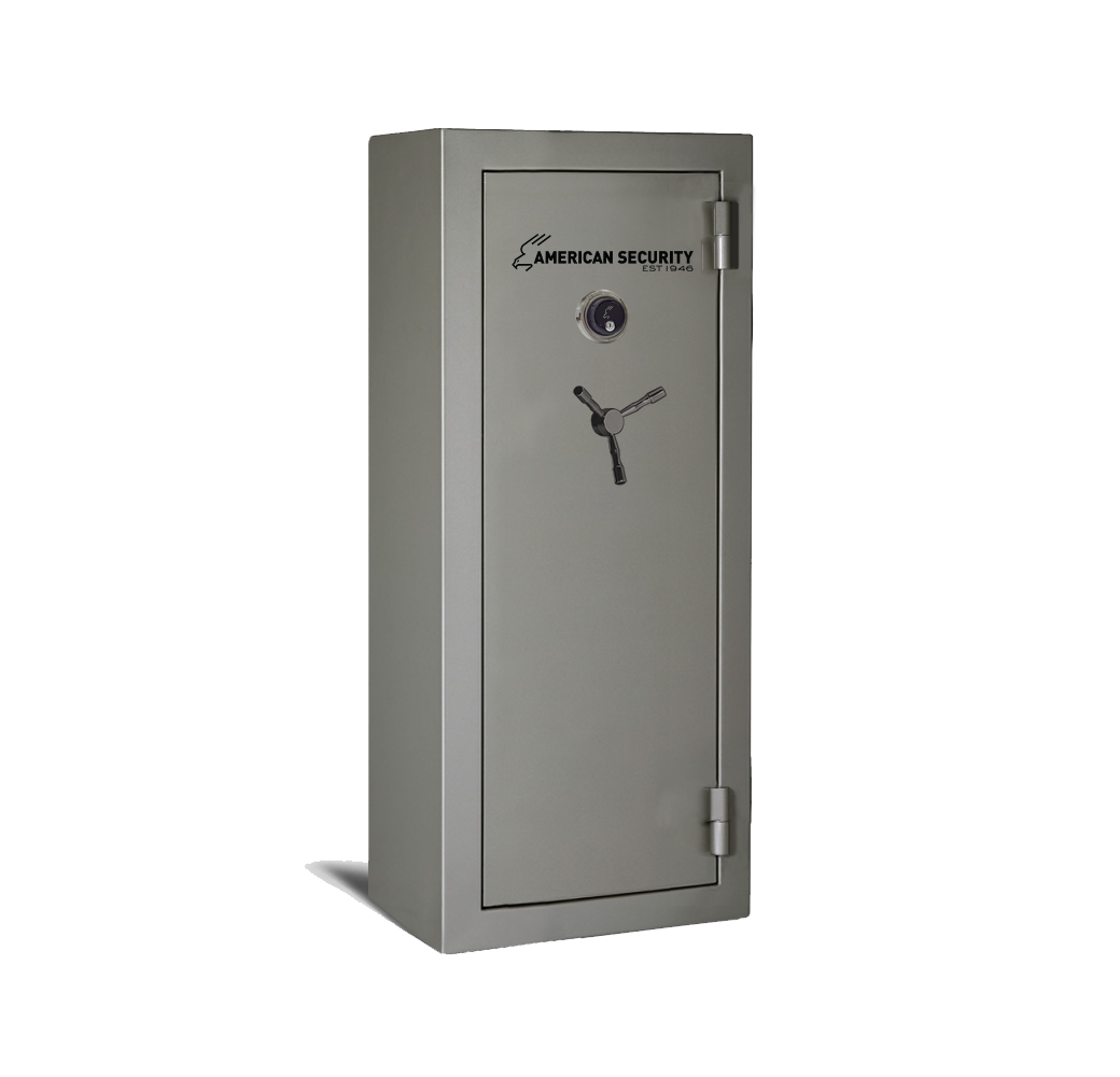 AMSEC BFX6024 gun safe in charcoal metallic finish with black nickel 3-spoke handle and mechanical dial lock.