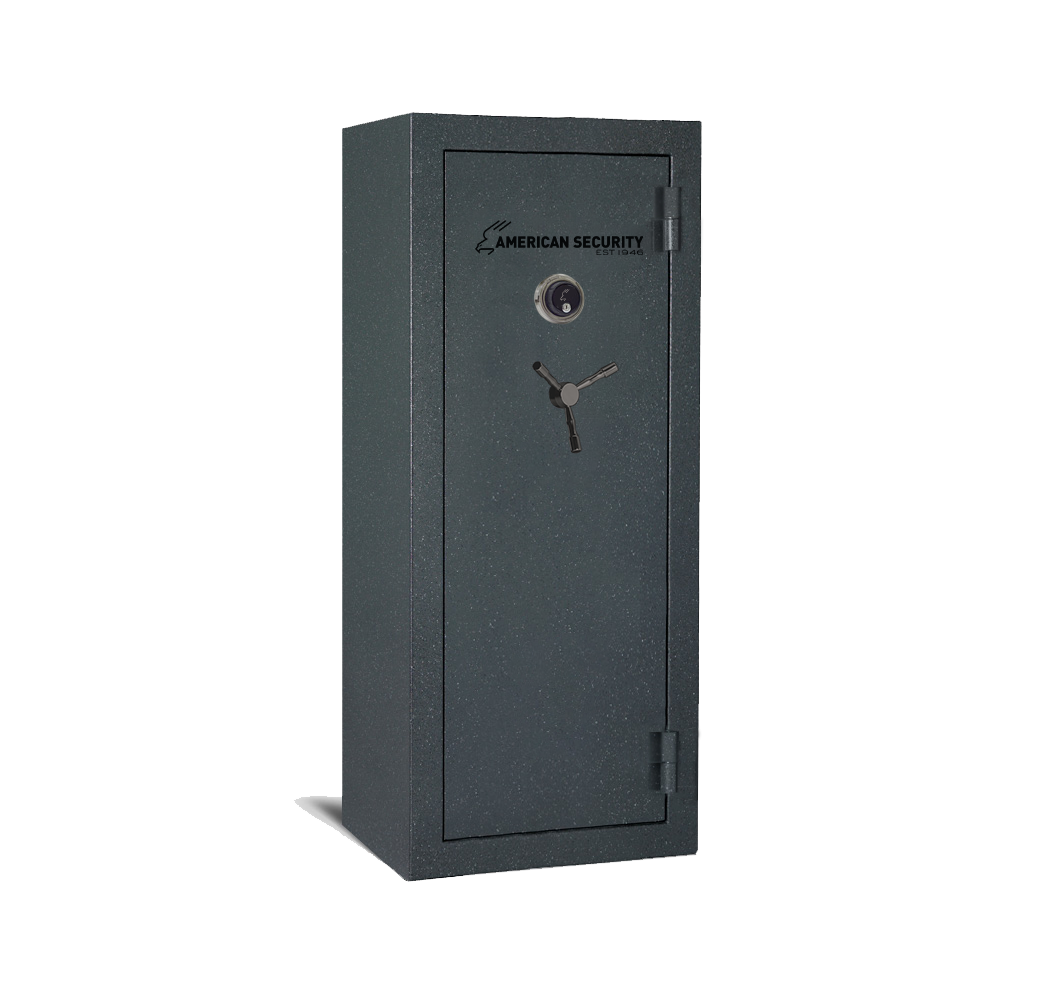 AMSEC BFX6024 gun safe in granite textured finish with new American Security logo, mechanical dial lock, and 3-spoke handle.