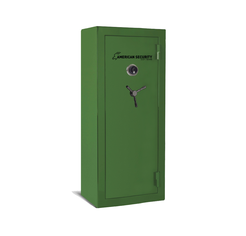 AMSEC BFX6024 gun safe in Ironside Green finish with black nickel 3-spoke handle and mechanical dial lock.