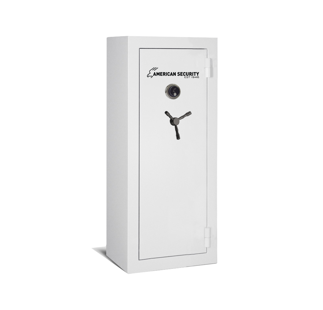 AMSEC BFX6024 gun safe in Pearl Essence finish with black nickel 3-spoke handle and mechanical dial lock.