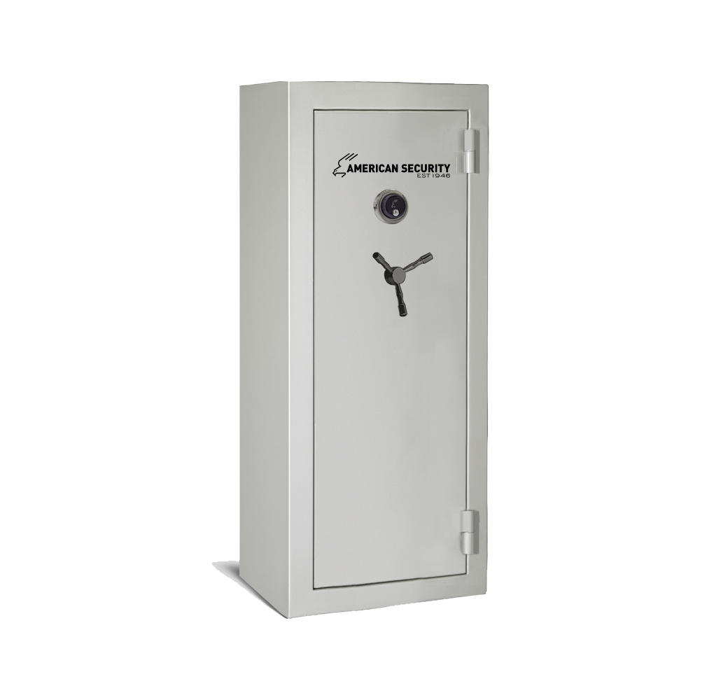 AMSEC BFX6024 gun safe in Platinum Metallic High Gloss finish with black nickel 3-spoke handle and mechanical dial lock.