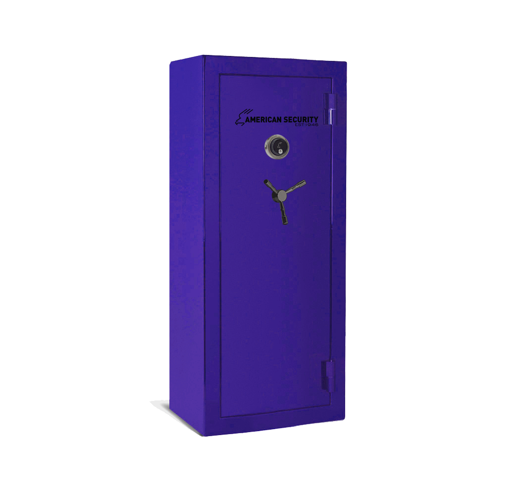AMSEC BFX6024 gun safe in Reign Purple finish with black nickel 3-spoke handle and mechanical dial lock.