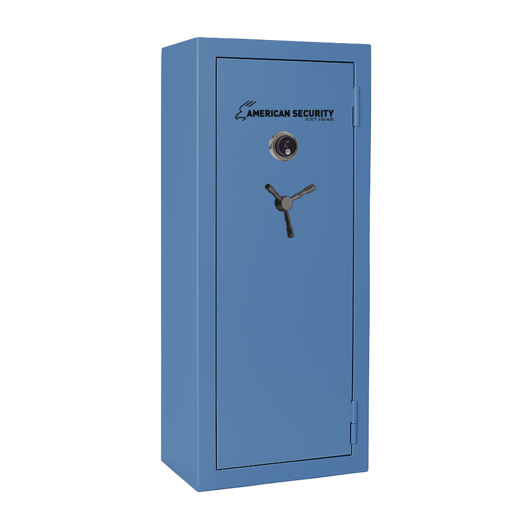 AMSEC BFX6024 gun safe in Thermal Blue finish with black nickel 3-spoke handle and mechanical dial lock.