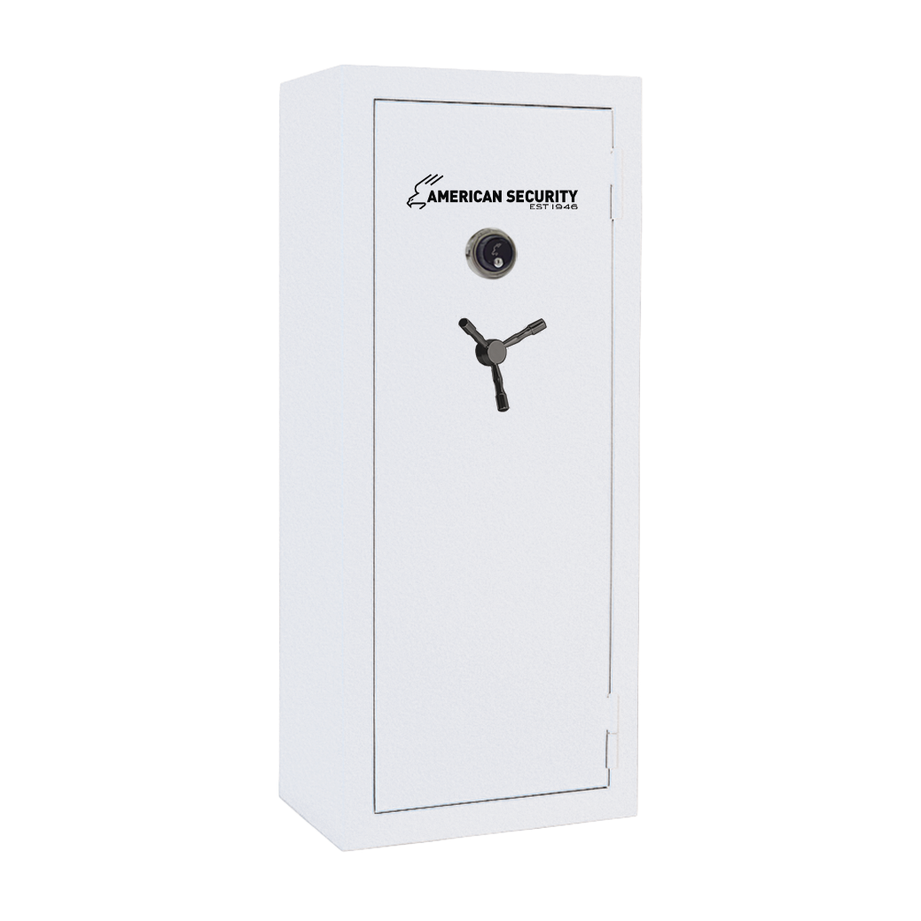 AMSEC BFX6024 gun safe in white textured finish with black nickel 3-spoke handle and mechanical dial lock.
