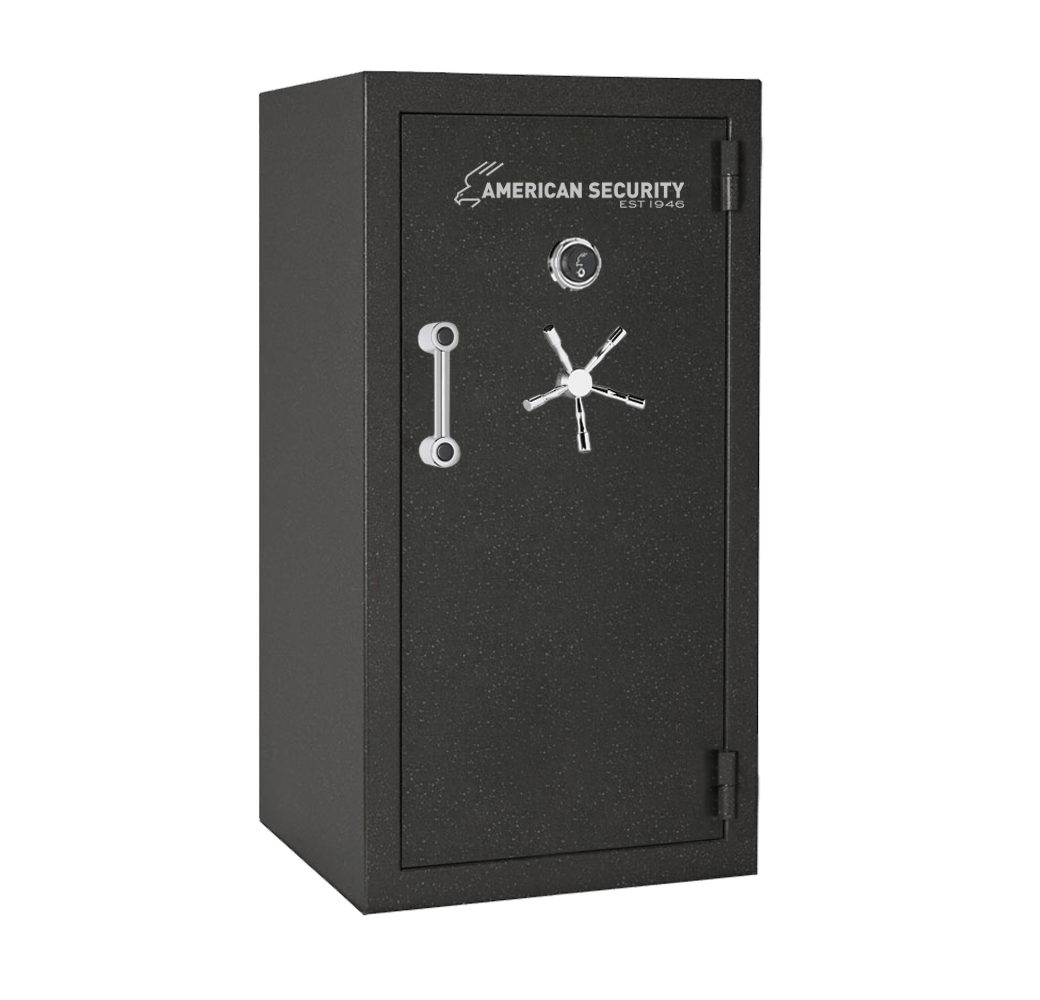 AMSEC BFX6030 gun safe in granite textured finish with new American Security logo, mechanical dial lock, and 5-spoke handle.