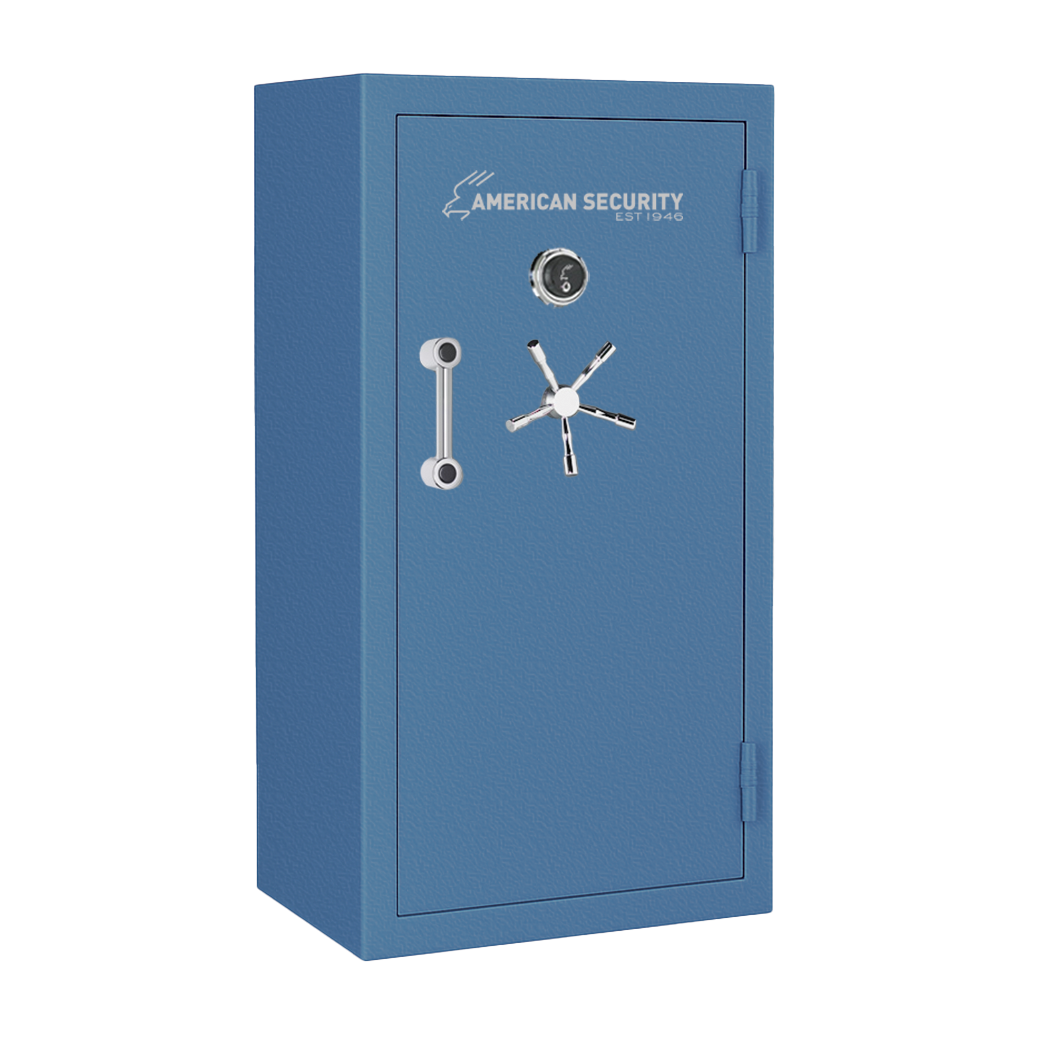 AMSEC BFX6030 gun safe in spa blue textured finish with chrome 5-spoke handle and mechanical dial lock.