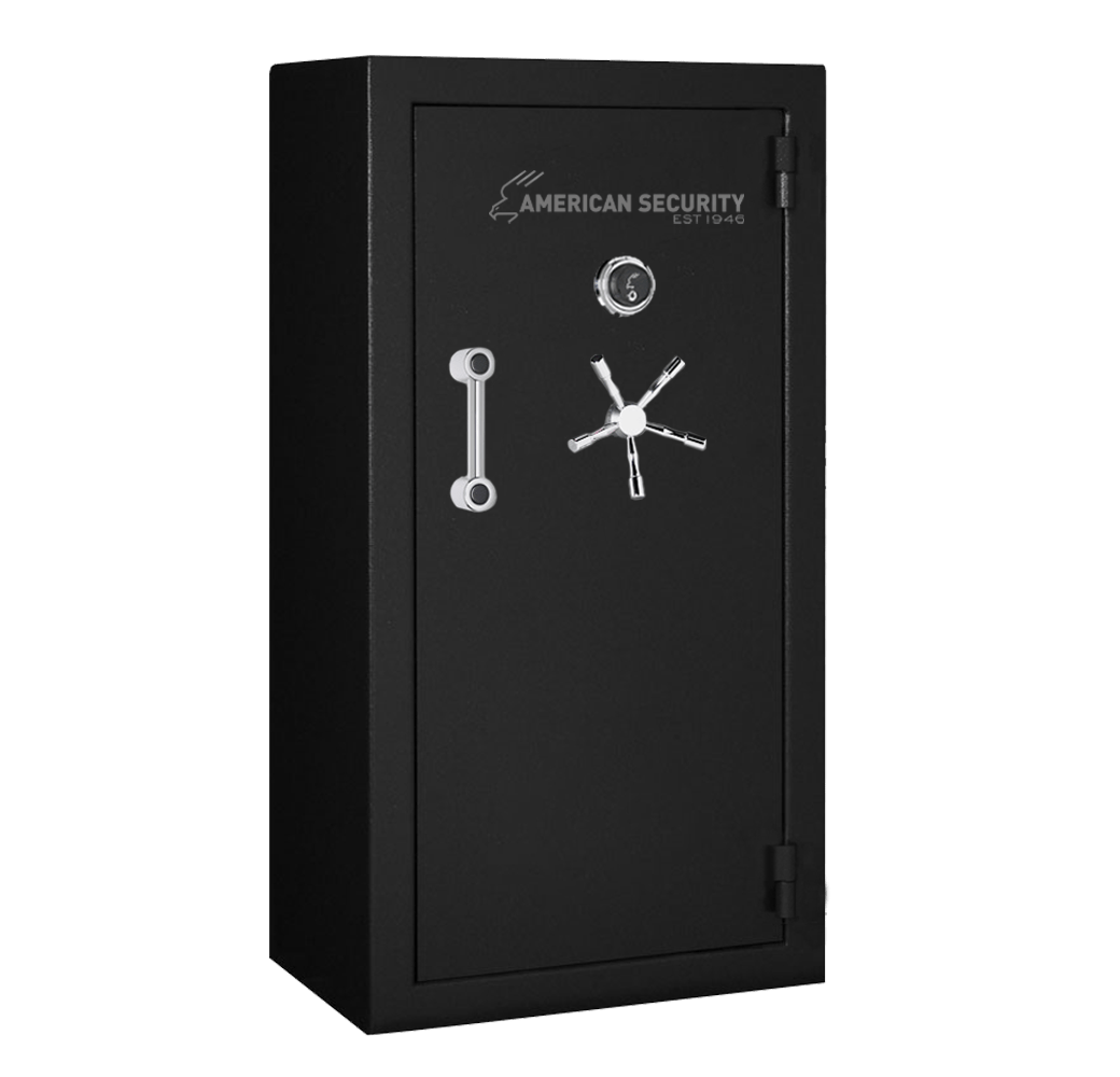 AMSEC BFX6032 gun safe in black textured finish showing front door, pull handle, and dial combo lock— Made in USA, 2-hour fire rated