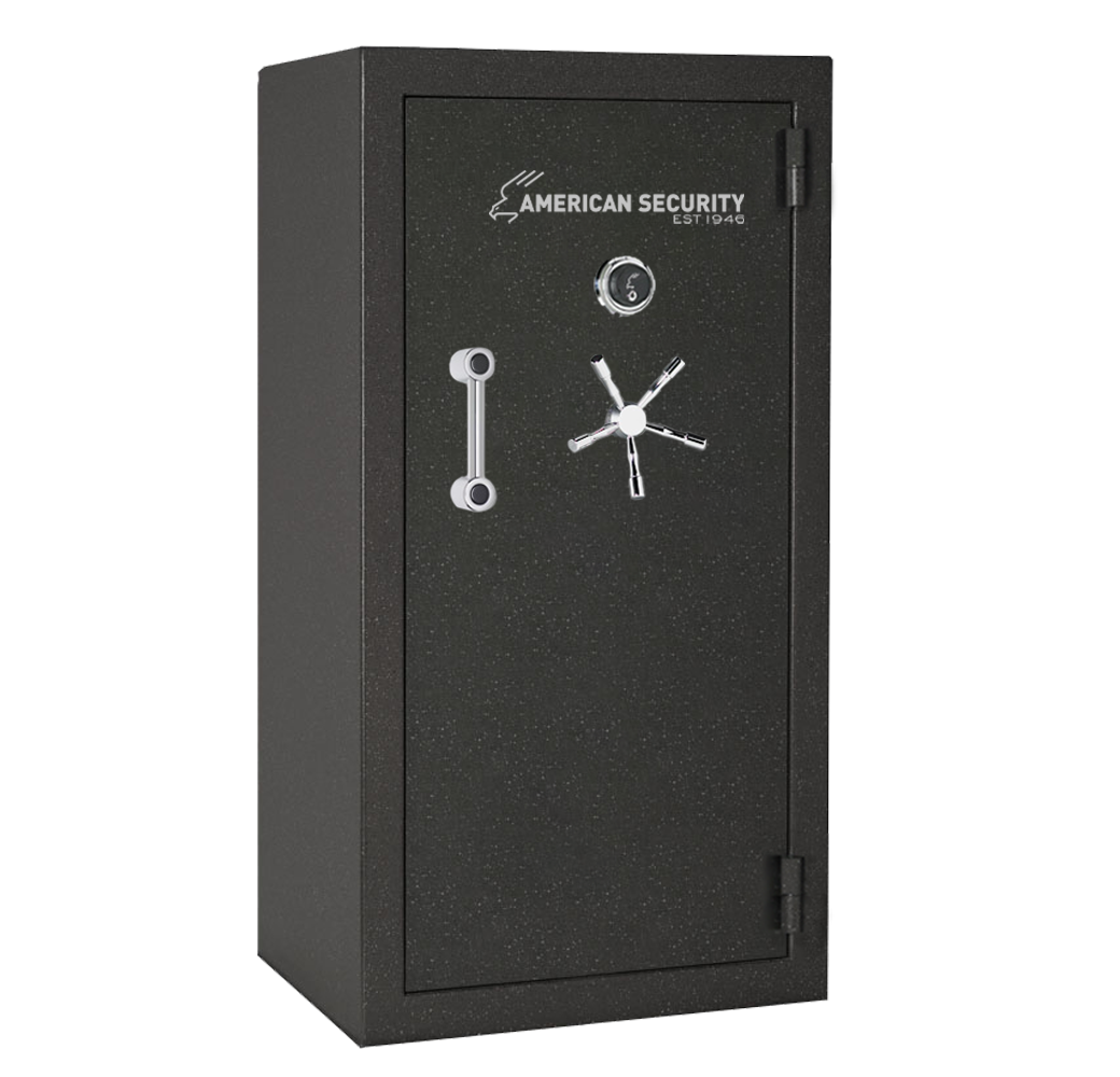 AMSEC BFX6032 gun safe in granite textured finish with new American Security logo, mechanical dial lock, and 5-spoke handle.