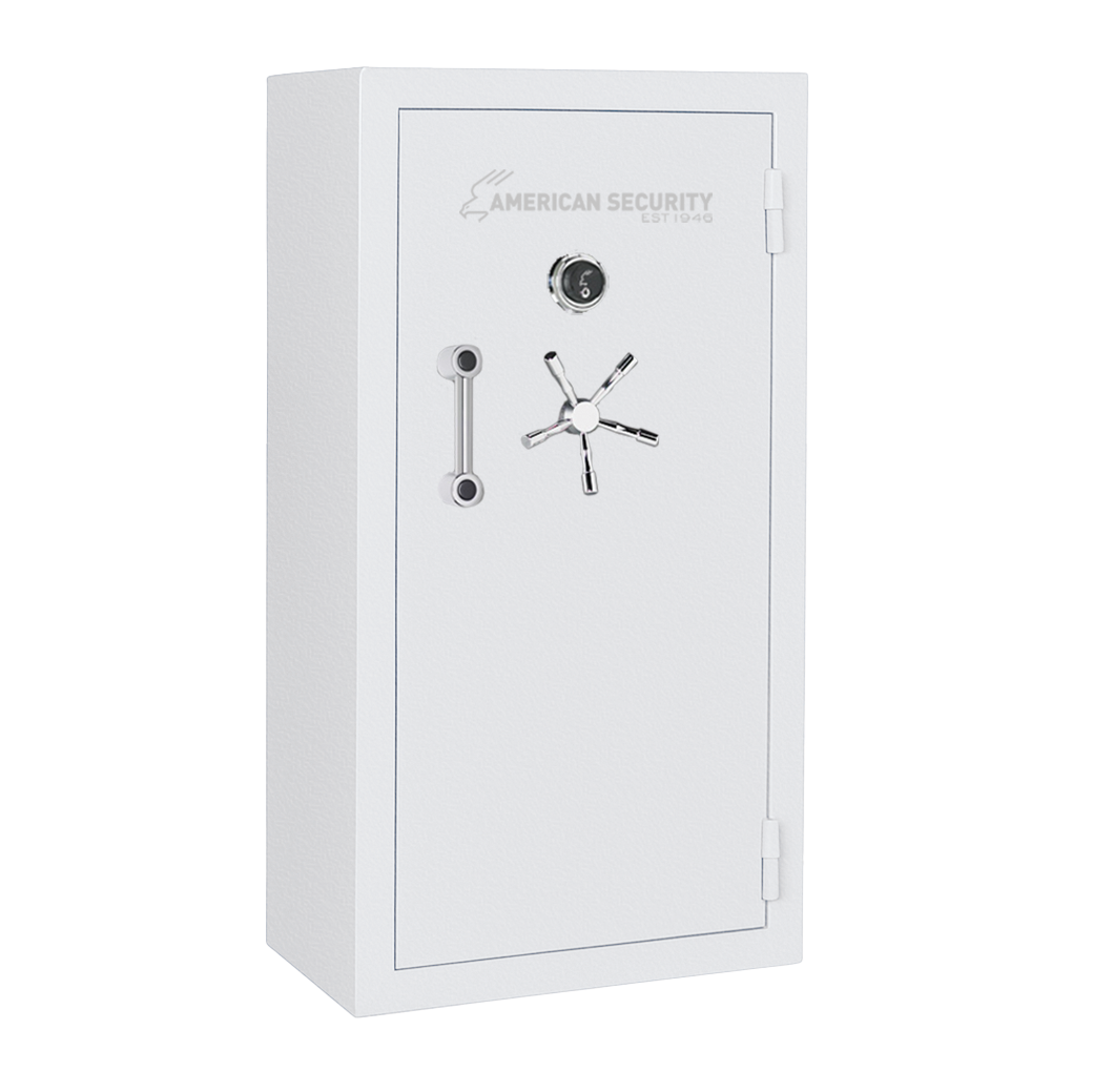 AMSEC BFX6032 gun safe in white textured finish with chrome 5-spoke handle and mechanical dial lock.