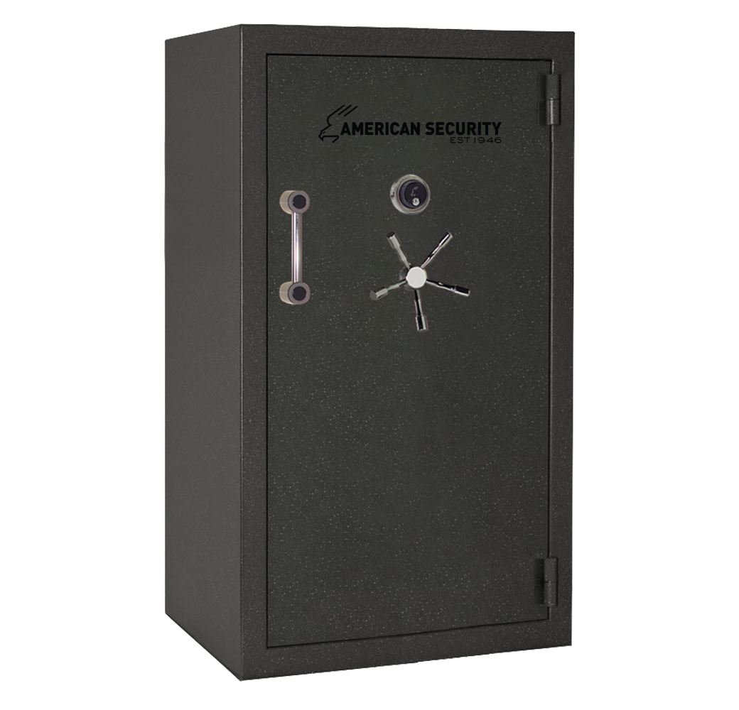 AMSEC BFX6636 gun safe in granite textured finish with new American Security logo, mechanical dial lock, and 5-spoke handle.
