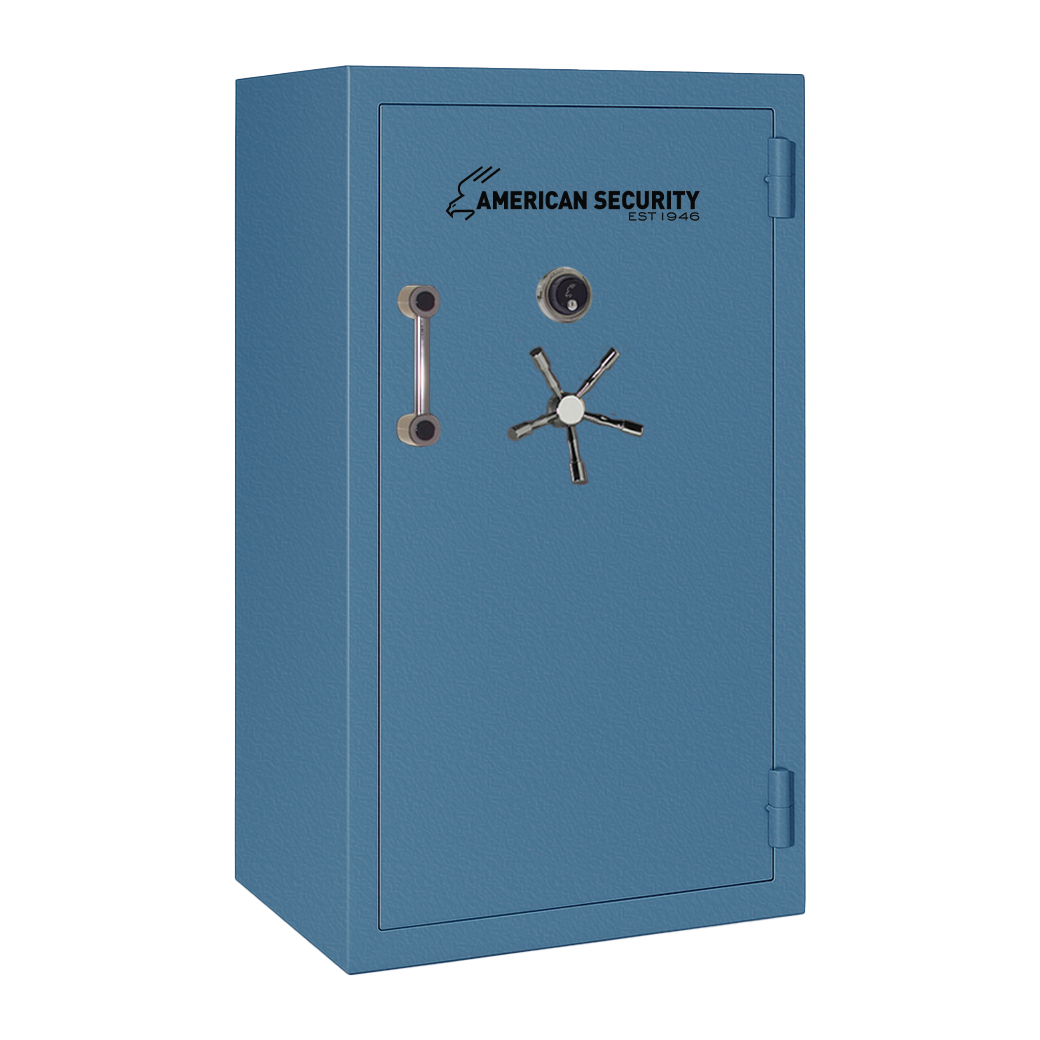 AMSEC BFX6636 gun safe in spa blue textured finish with chrome 5-spoke handle and mechanical dial lock.