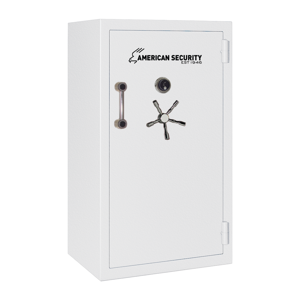AMSEC BFX6636 gun safe in white textured finish with chrome 5-spoke handle and mechanical dial lock.