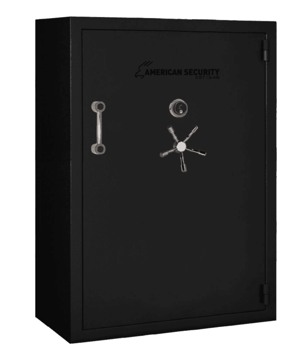 AMSEC BFX7250 gun safe in black textured finish showing front door, pull handle, and dial combo lock— Made in USA, 2-hour fire rated