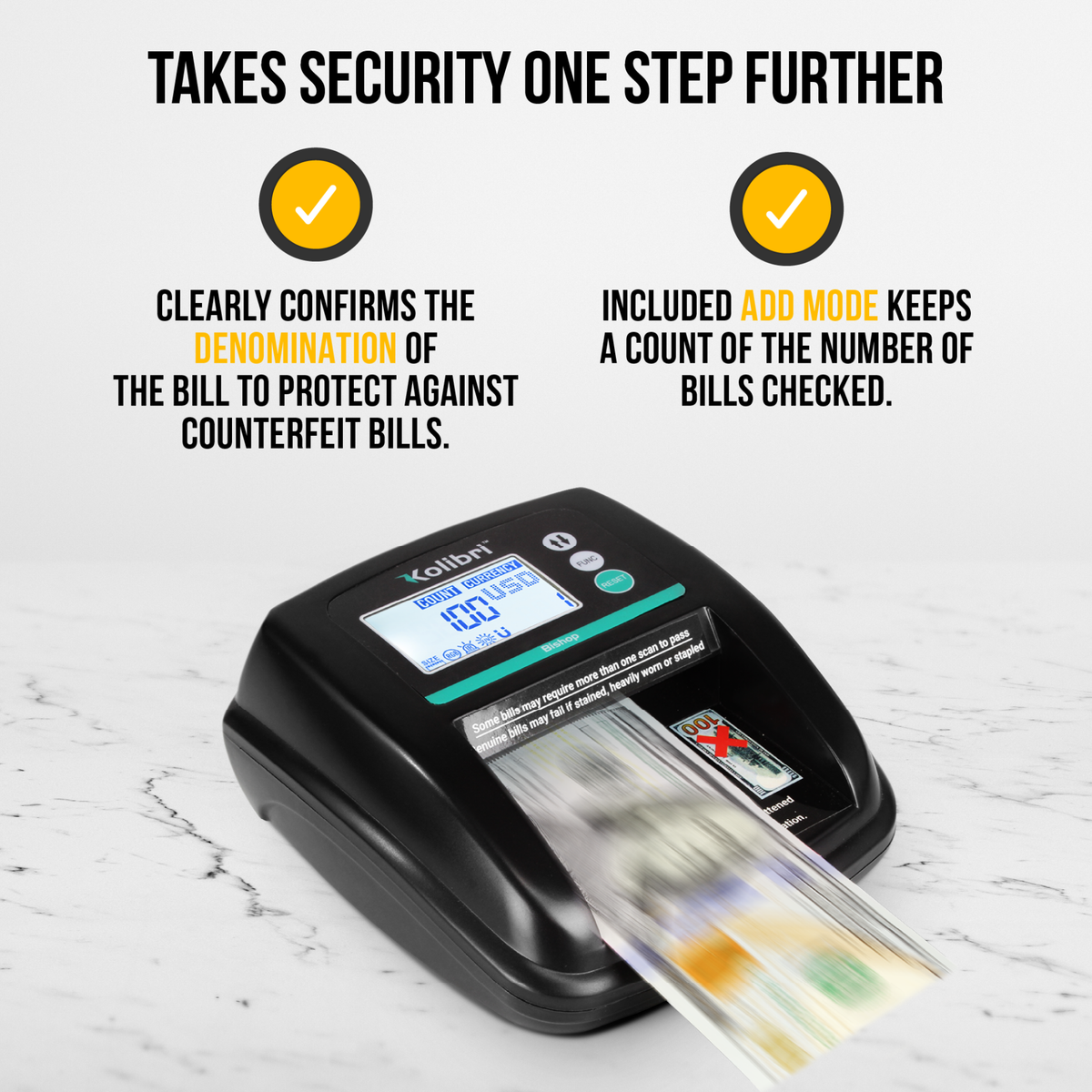 Kolibri Bishop Bill Counter and Counterfeit Detector Features