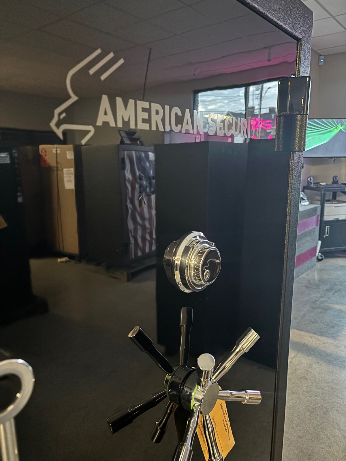 AMSEC BFX6636 Two Tone Black Gloss Door Textured Black Body Open Box Logo, Lock and Handle