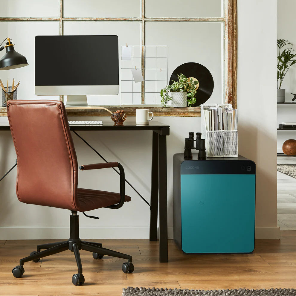 Cocono Chroma 40 Medium Biometric Fireproof Safe (90 Minutes) Pacific Next to a Desk