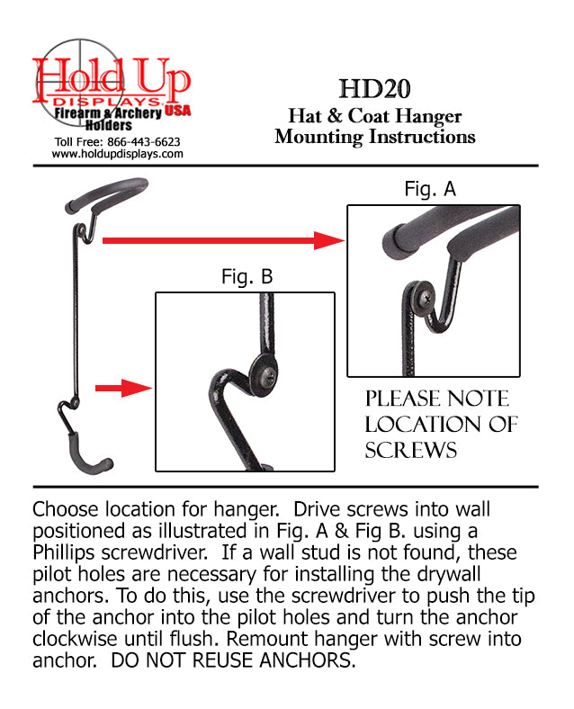 Hold Up Displays HD20 hat and coat hanger mounting instructions with diagrams and text.