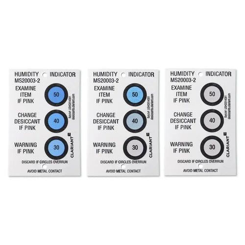Three humidity indicator cards on a white background