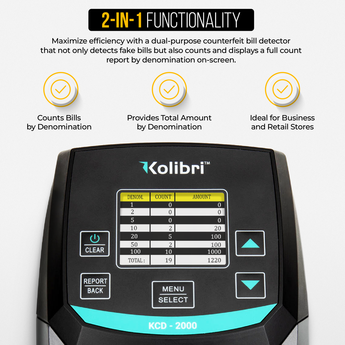 Kolibri KCD-2000 All Orientation 2-in-1 Counterfeit Money Detector and Bill Counter Specs