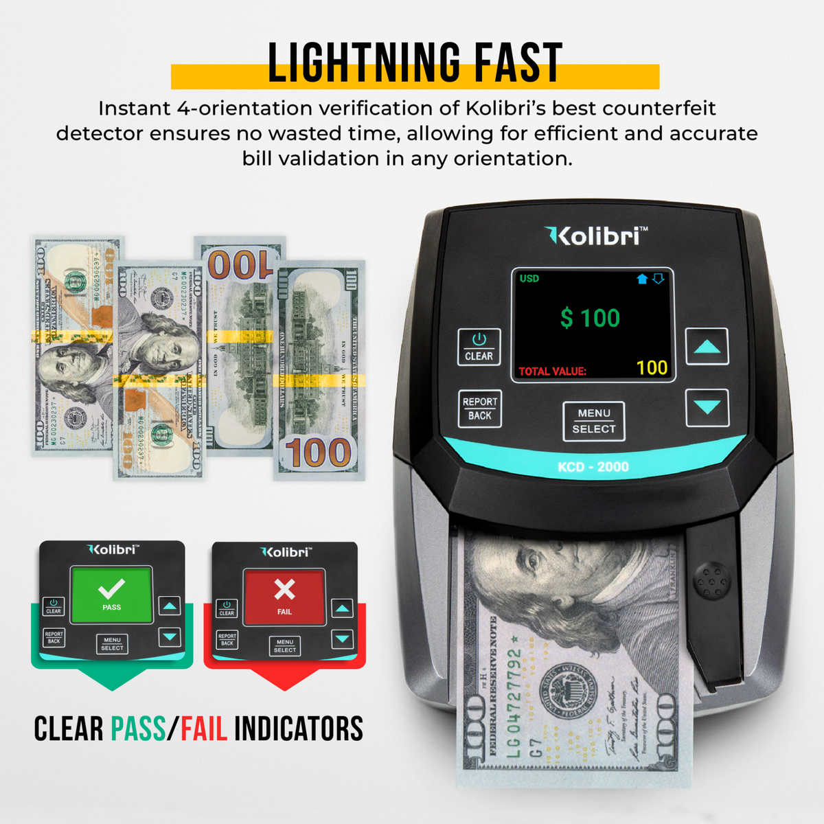 Kolibri KCD-2000 All Orientation 2-in-1 Counterfeit Money Detector and Bill Counter Lighting Fast